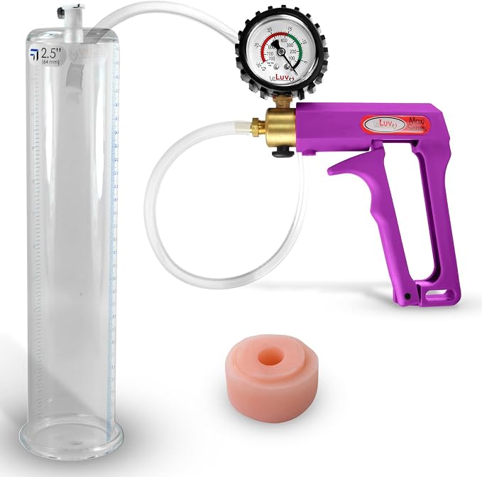 LeLuv Maxi Penis Pump - Purple Handle + Clear Hose, Protected Gauge - Bundle with Silicone Donut Seal 12" Length x 2.50" Diameter Round-Flange Cylinder