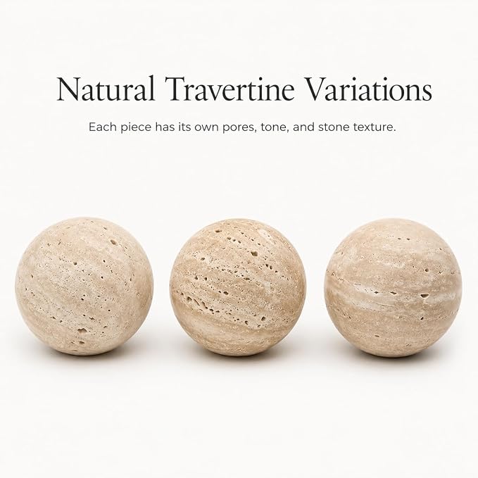 Natural Travertine Decorative Sphere, 3.94 Inch Stone Ball Decor, Hand-Polished Beige Orb Accent for Coffee Table, Shelf, Dresser and Living Room