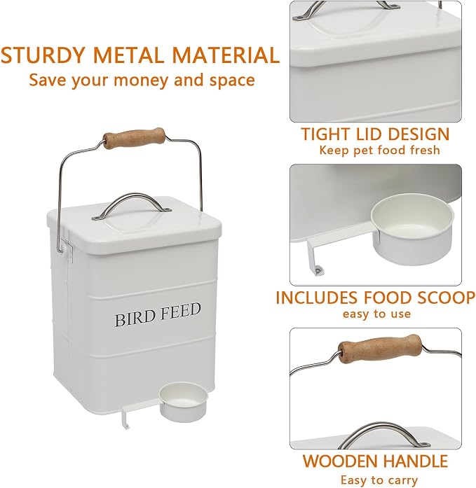 Morezi Bird seed and feed storage tin with lid Included - white-coated carbon steel - tight fitting lids - storage canister tins - White