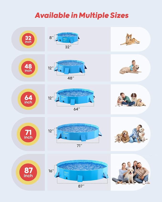 Peteast Dog Pool for Large Dogs, Foldable Hard Plastic, 64 in | Collapsible Kiddie Pool with Stable Side Support for Pets and Kids