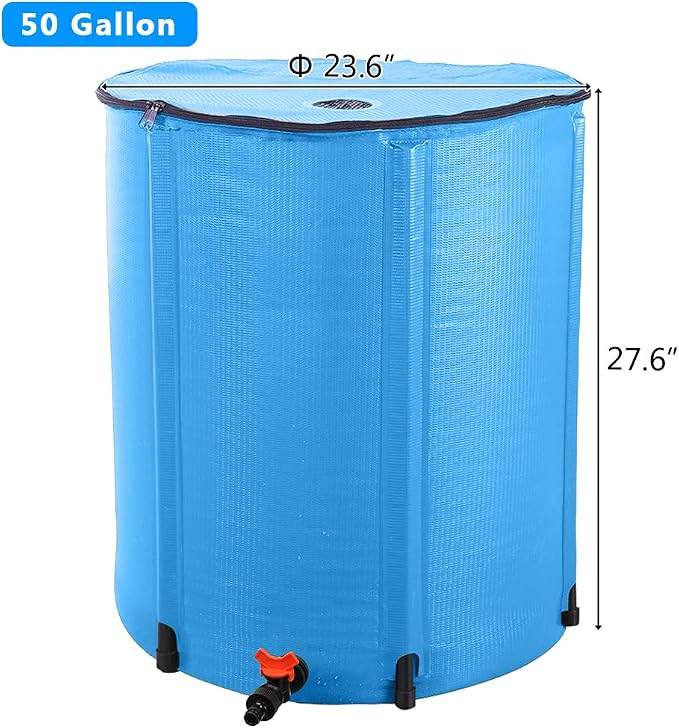 50 Gallon Collapsible Rain Barrel, Rain Water Collection Barrel System Kit, Collapsible Water Tank with Spigot and Overflow Kit, Portable Rain Water Catcher for Garden, Blue