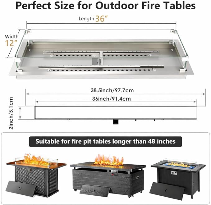 GRISUN Upgraded 36" x 12" Drop-in Fire Pit Burner Kit, Gas Fire Pit Kit with Glass Wind Guard & Lid, Linear Fire Pit Pan Insert with Spark Ignition for Fire Pit Tables
