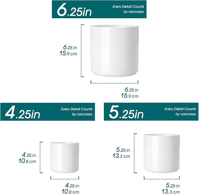 vancasso Ceramic Plant Pots, 4.25+5.25+6.25 Inch Planter Pot with Drainage Hole, Flower Pots for Indoor Outdoor Plants, Set of 3, White