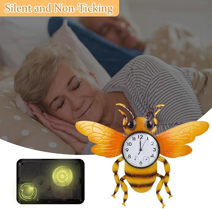 Unique Outdoor Clock Silent None-Ticking, Outdoor Wall Clock with Thermometer & Humidity, Waterproof Outside Clock for Patio, Living Room, Kitchen (Yellow Bee)