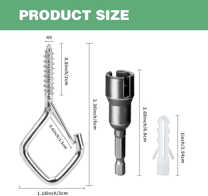 35 PCS 304 Stainless Steel Screw Hooks Kit, Ceiling Hooks for Hanging Plants, String Lights and Wind Chimes, Screw In Hooks with Locking Clip, Outdoor Hanging Hooks with Anchors and Driver Tool