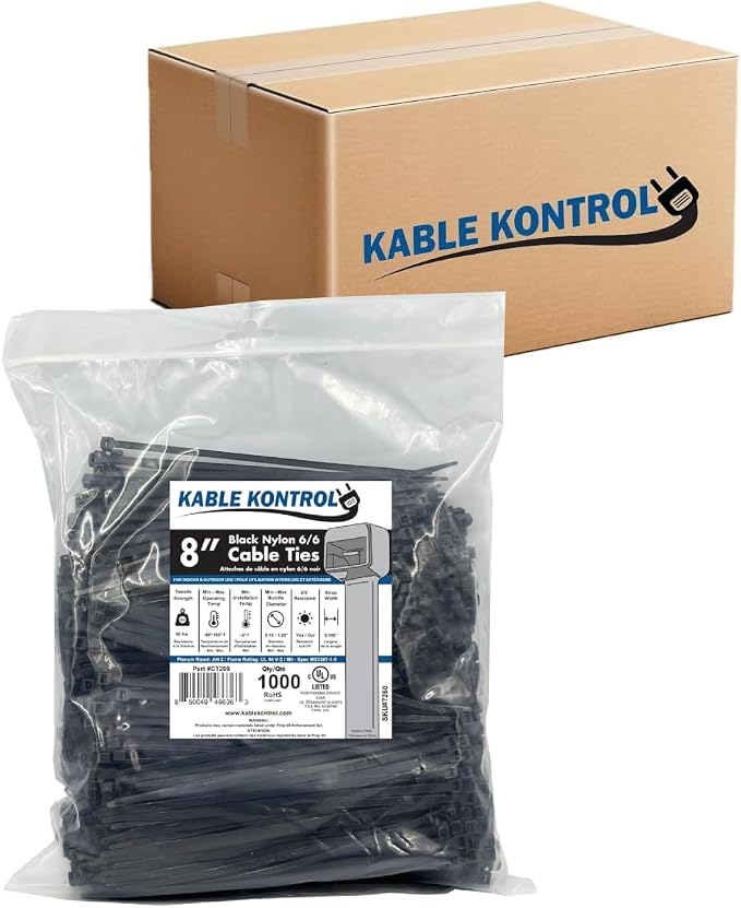Kable Kontrol Cable Zip Ties Black 10,000 Pcs 8 Inch, 50 Lbs Tensile Strength, Bulk Pack, Self-locking UV Resistant Plastic Nylon Wire Ties, for Indoor or Outdoor Use