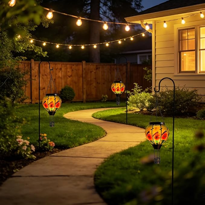 STARSOUL Dragonfly Solar Hot Air Balloon Lantern with Flickering Flame, Hanging Solar Lantern Outdoor Waterproof, Hot Air Balloon Solar Light Decorations for Garden Yard Lawn Porch Porch Backyard