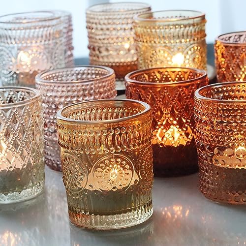 12 pcs Glass Votive Candle Holders, 6 Colors 3 Patterns Tealight Candle Holders for Fall Wedding Table Centerpiece Birthday Decoration - Image 2