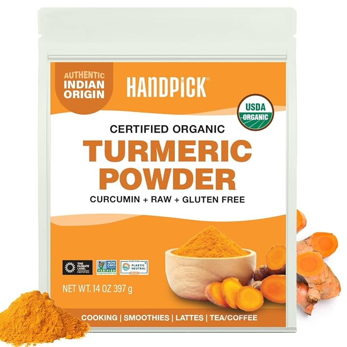 HANDPICK Organic Turmeric Powder with Curcumin (397g/14oz) | Authentic Indian Origin | Gluten Free | Made from Turmeric Root (Packaging may vary)