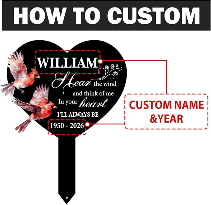 Personalized Cardinal Garden Sign with Stakes, Custom Name Sign, Yard Metal Decor Outdoor, Memorial Gift for Mom, Garden Plaque Sympathy Gifts, loss loved Ones Cardinal Sign