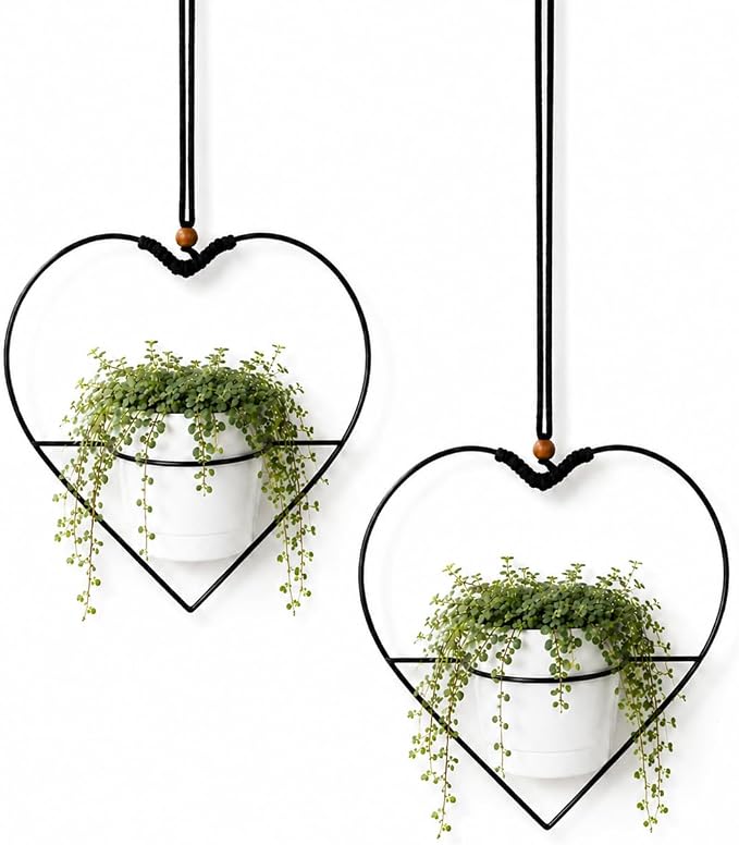 vensovo Decorative Hanging Planter Set of 2 – Heart-Shaped Metal Frame Hanging Plant Holders with Braided Rope, Wooden Bead Accent & White Plastic Pots – Romantic Home Garden Decor