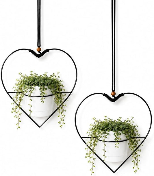 vensovo Decorative Hanging Planter Set of 2 – Heart-Shaped Metal Frame Hanging Plant Holders with Braided Rope, Wooden Bead Accent & White Plastic Pots – Romantic Home Garden Decor