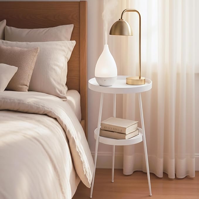 ShellKingdom Small Round Side Table, 2 Tier Metal End Table for Indoor Outdoor Bedroom Living Room Home Office Nightstand (White)
