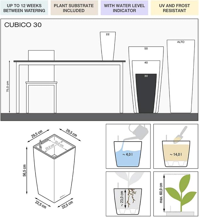 Lechuza CUBICO 30 Silver Metallic, Self-Watering Tall Planter, H22 L11.8 W11.8 in