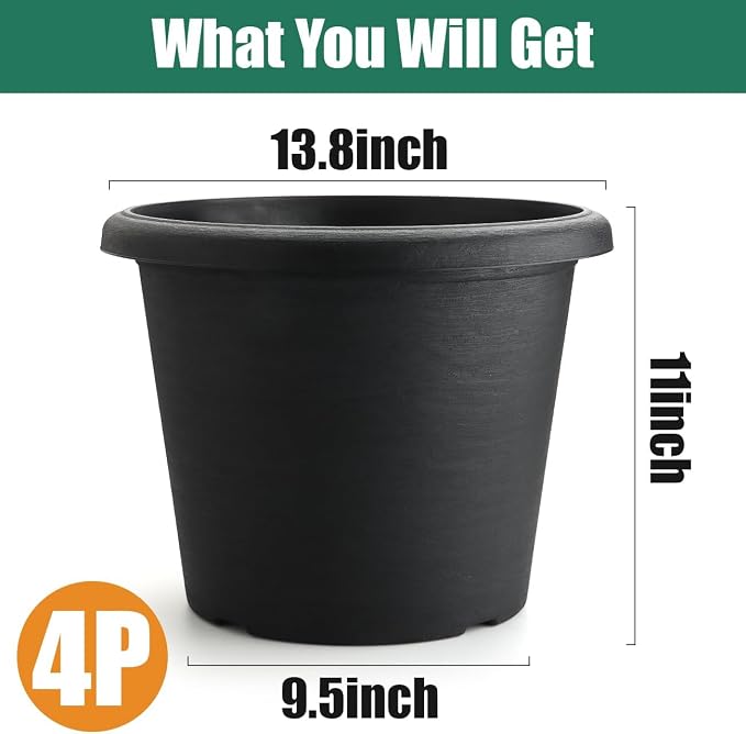 4 Pack 14 Inch Plastic Planter Pots with Drainage Holes - Heavy Duty 20L Capacity Large Outdoor Planters for Planting Medium Large Plants, Raised Base, Cement Textured Garden Container Flower Pots