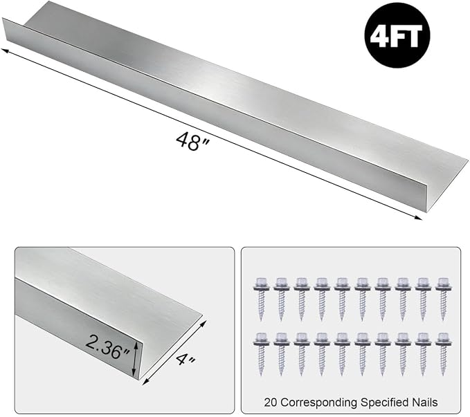4FT Roof Rain Diverter, Galvanized Steel Roofing Rainwater Diverter for House Shingle, Gutter Guards with Nails to Protect Roof, 4 Packs