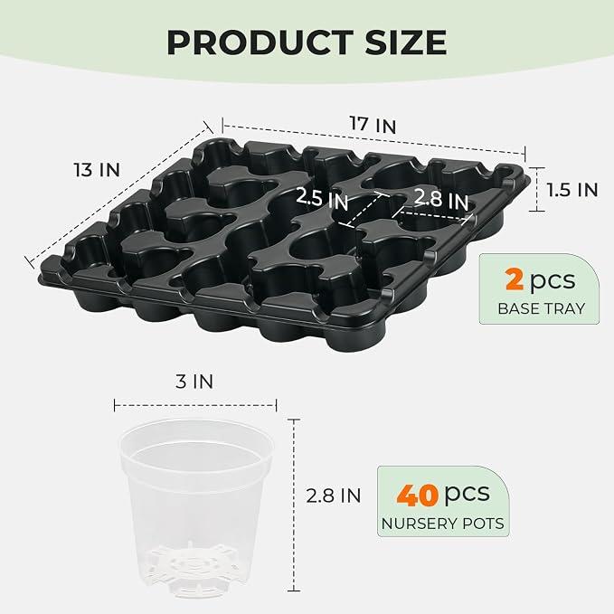 homenote 3 Inch Seed Starting Trays with Clear Nursery Pots, 2-Pack 20-Cell Seedling Starter Trays & 3" Nursery Pots 40 Pcs with Drainage, Plant Starter Germination Trays for Indoor Outdoor Growing