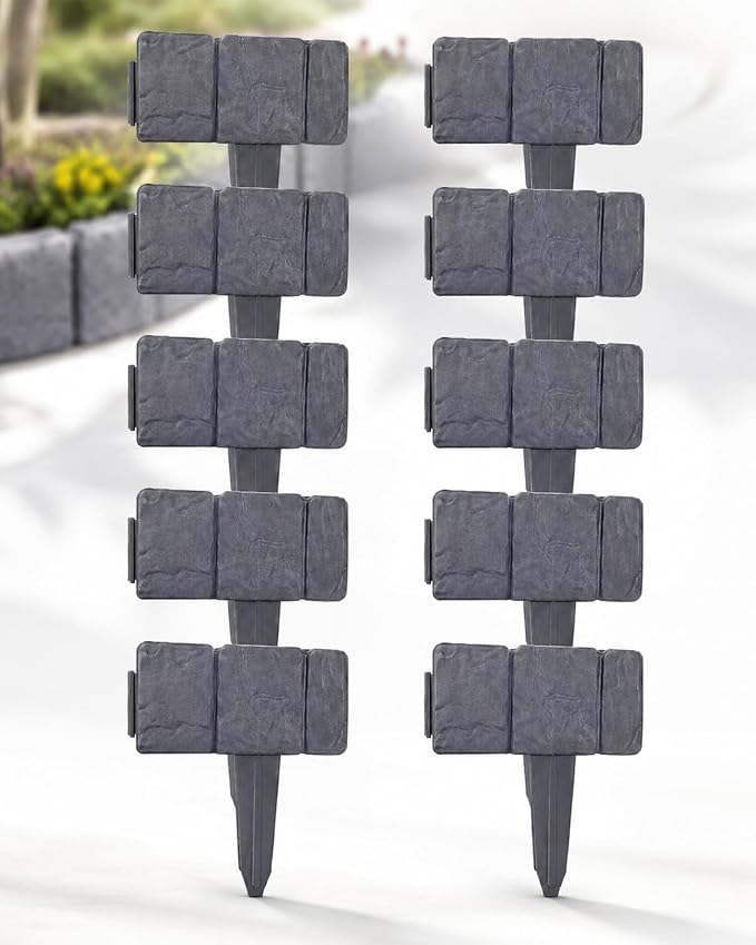 Faux Stone Garden Fence No Dig Landscape Edging Border (Gray, 10pcs) | Plastic interlocking panels create a rock look for flower beds lawn pathways patio yard decor
