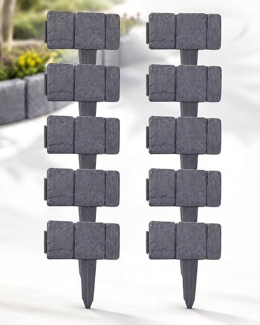Faux Stone Garden Fence No Dig Landscape Edging Border (Gray, 10pcs) | Plastic interlocking panels create a rock look for flower beds lawn pathways patio yard decor