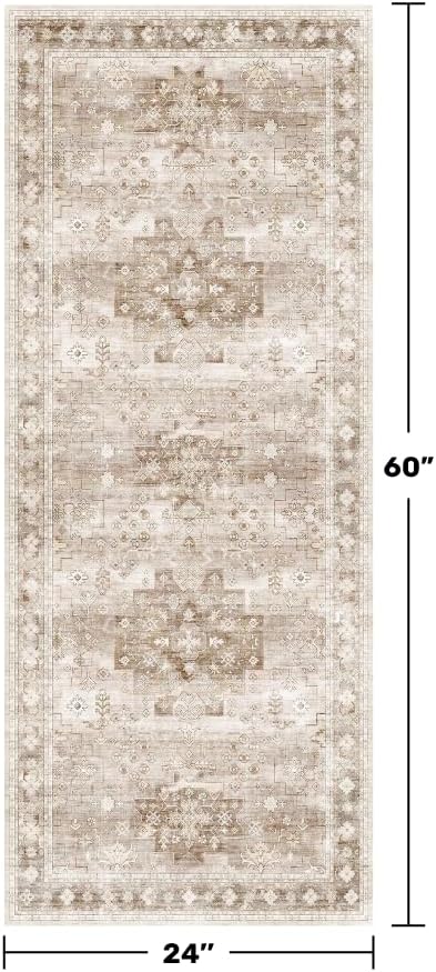 Boho Bathroom Rug 2x5 Runner, Neutral Farmhouse Kitchen Rugs, Small Throw Runners for Laundry Room Bedroom, Vintage Floral Décor, Non-Slip Low-Pile Washable Stain Resistant Beige Latte