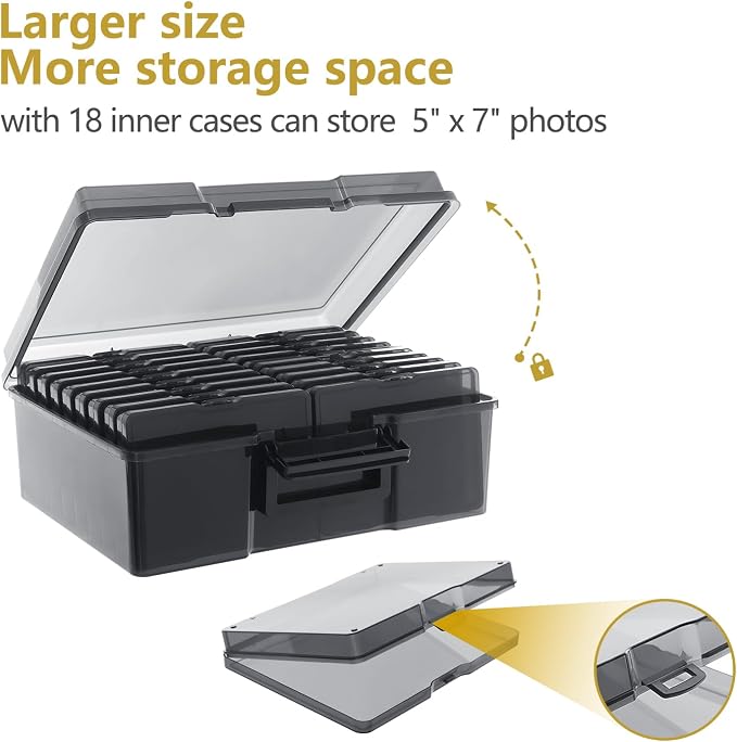 Photo Storage Box 5" x 7", 18 Inner Extra Large Photo Organizer Container, Plastic Craft Storage Box with Handle for Pictures Stickers Stamps Seeds