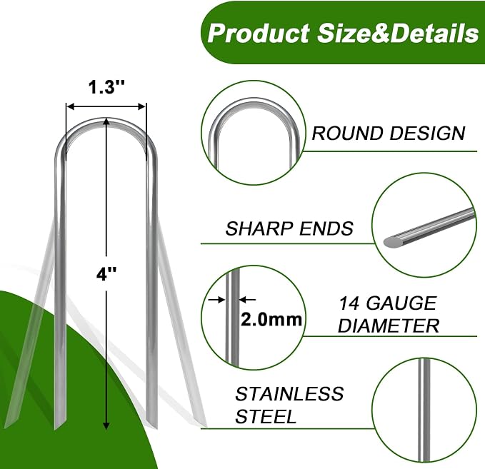 AAGUT 4 Inch Landscape Stakes 200 Pack Garden Drip Irrigation Tubing Stakes Heavy Duty 14 Gauge Galvanized Ground Staples Lawn U Hooks for Soaker Hose, Chicken Wire, Chain Link Fence, Dog Fence