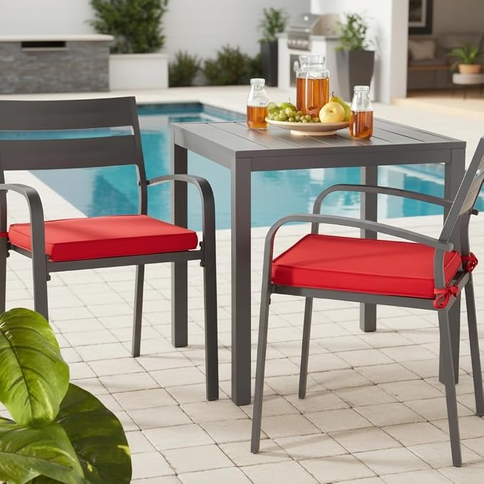 Indoor/Outdoor Chair Pads in Sunbrella Fabric – 17''x17'' Patio Seat Cushions with Foam Insert, Removable Reversible Cover & Ties for Patio Dining Chairs – Set of 2 or 4, Canvas Jockey Red