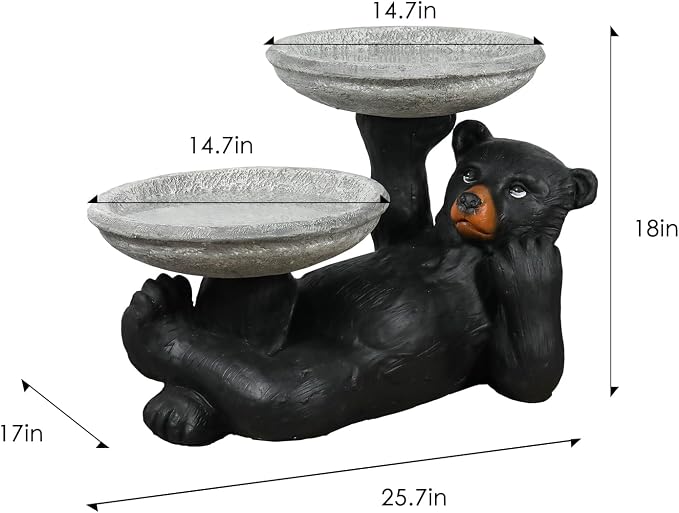 SunJet 18" Fibre Reinforced Concrete Outdoor Birdbath, 2-Tier Black Bear Bird Bath & Bird Feeder, Bird Bath Garden Decor with Dual Basins for Patio, Backyard, Lawn