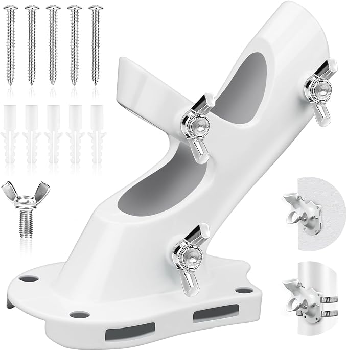 Flag Pole Bracket for House, REERON 2-Positions Metal 1" Flagpole Holder Mounts, Aluminium Rustproof Outside Flag Pole Wall Porch Mounting Brackets with 3 Fixed Holes & Steel Hardwares (White-1 Pack)
