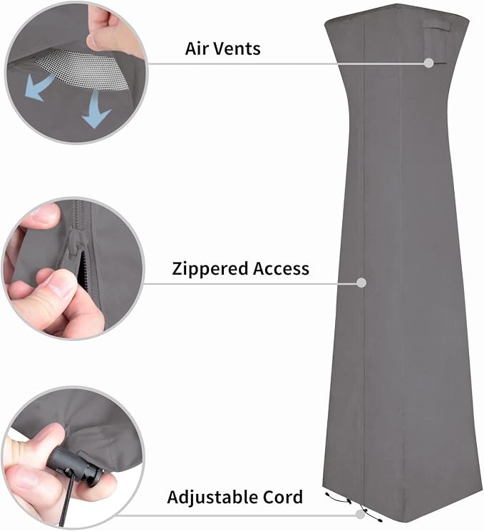 Easy-Going Pyramid Torch Patio Heater Cover with Zipper and Storage Bag, Waterproof Outdoor Heater Cover Dustproof, UV-Resisant, Wind-Resistant (90"H x 23"L x 23"W, Grey)