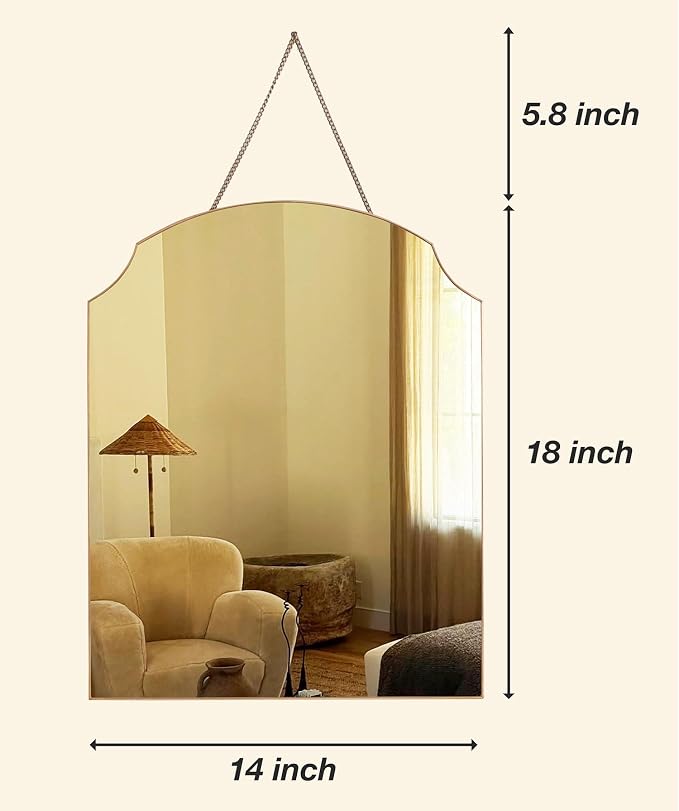 Gold Clipped Arch Wall Mirror 14" x18" - Vintage Hanging Mirror with Chain, Decorative Brass Mirror for Entryway, Bathroom, Bedroom&Living Room, Small Antique Gold Wall Mirror