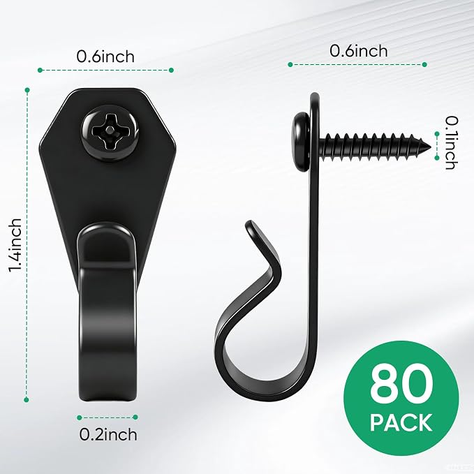 HiGift 80 Pack String Light Hanger Hooks, Stainless Steel Light Clips Black, Outdoor Screw Hooks Rope Light Clips for Hanging Christmas Light, Plants, Party Light Wire and Led Fairy Led Light Clips
