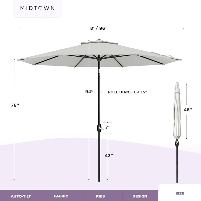 Midtown Umbrellas 10-Year-No-Fade - 8 Ft - UV Proof Off White Polyester Fabric - Umbrella Outdoor Patio, Auto-Tilt Aluminum Frame Patio Umbrella for Garden, Pool & Deck - Black Pole