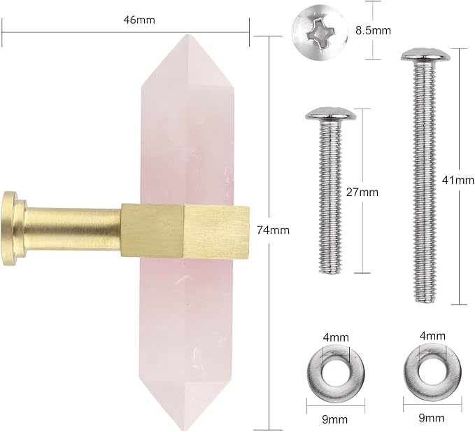 mookaitedecor Set of 2 Rose Quartz Double Crystal Points Drawer Knobs with Screws, Decorative Stone Cabinet Handle Pulls for Dresser Cupboard Kitchen Decor, Brushed Brass