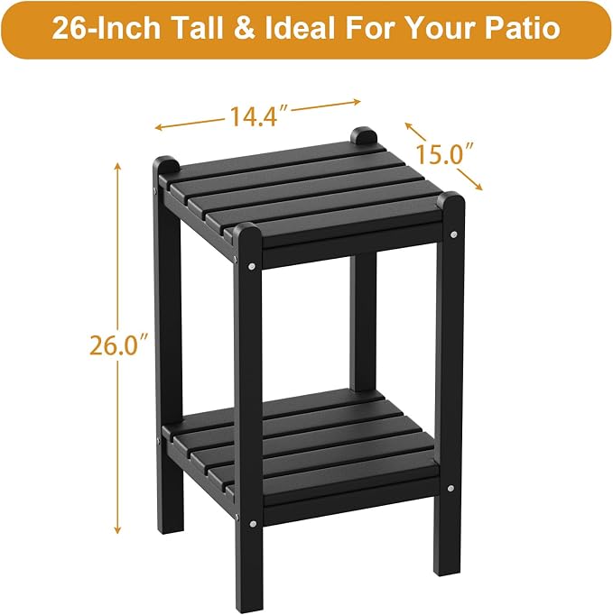 Outdoor Side Table, 26-Inch Tall Adirondack Patio Side Table, All-Weather HDPE Outdoor End Table for Porch Deck Balcony Pool, Easy Maintenance, Black