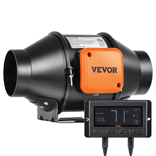VEVOR Inline Duct Fan, 4-Inch 205 CFM with Temperature Humidity Controller, Quiet EC-Motor Ventilation Exhaust Fan for Cooling Booster, Grow Tents, Hydroponics