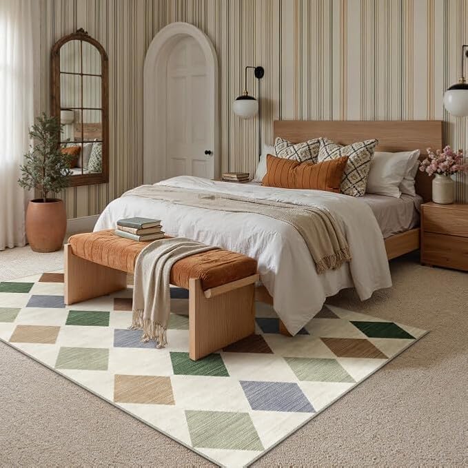 6x9 Washable Area Rug Living Room Large Non Slip Checkered Rugs | Soft, Low Pile, Easy Clean, Colorful, Diamond Pattern for Bedroom, Office, Dining Room, Kids Room, Modern Neutral Decor