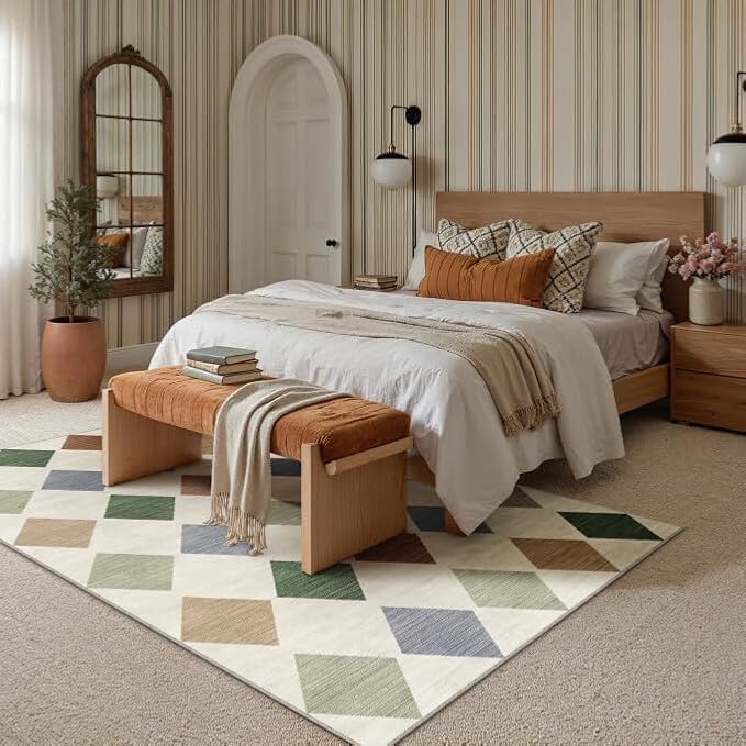 9x12 Washable Area Rug Living Room Large Non Slip Checkered Rugs | Soft, Low Pile, Easy Clean, Colorful, Diamond Pattern for Bedroom, Office, Dining Room, Kids Room, Modern Neutral Decor