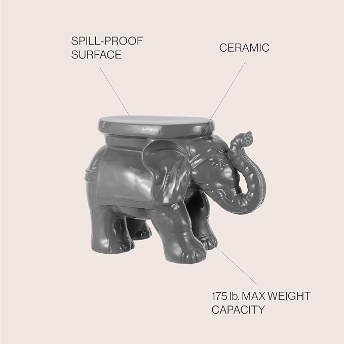 JONATHAN Y White Elephant 14.25" Glazed Ceramic Elephant Garden Stool, Weather-Resistant Indoor/Outdoor Patio Side Table and Plant Stand, Bohemian, Gray TBL1007E