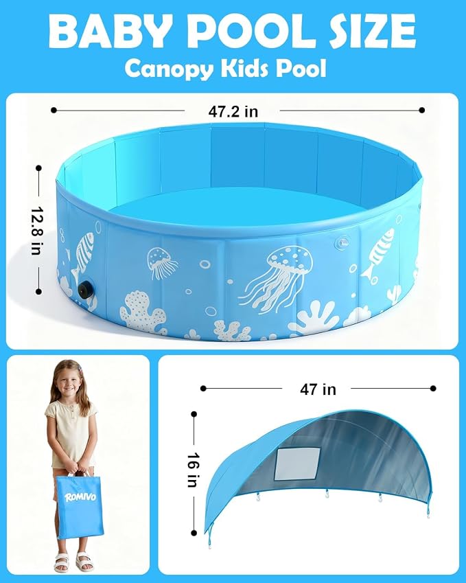Foldable Kiddie Pool with Canopy, 47 in, Non-Inflatable, Blue | UPF 50+ sun canopy; portable baby pool for toddlers ages 1-3 and dogs, suitable for backyard, beach and outdoor water play