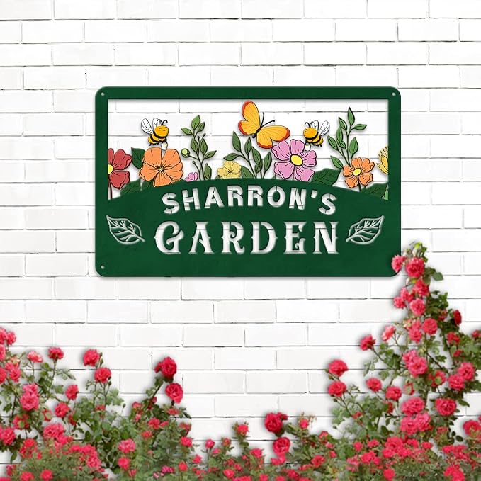 MeMate Floral Garden Plaque, Custom Name Metal Sign for Mom Grandma, Rustic Decor for She Shed