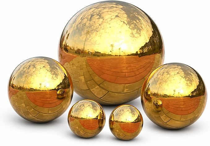 Gazing Ball Garden Mirror Outdoor - Outside Decorative Globe, Gold 5Pcs Mix | Metal Polished Reflective Sphere, Stainless Steel Hollow Decoration Ornament for Home Pond Swimming Pool Housewarming Gift