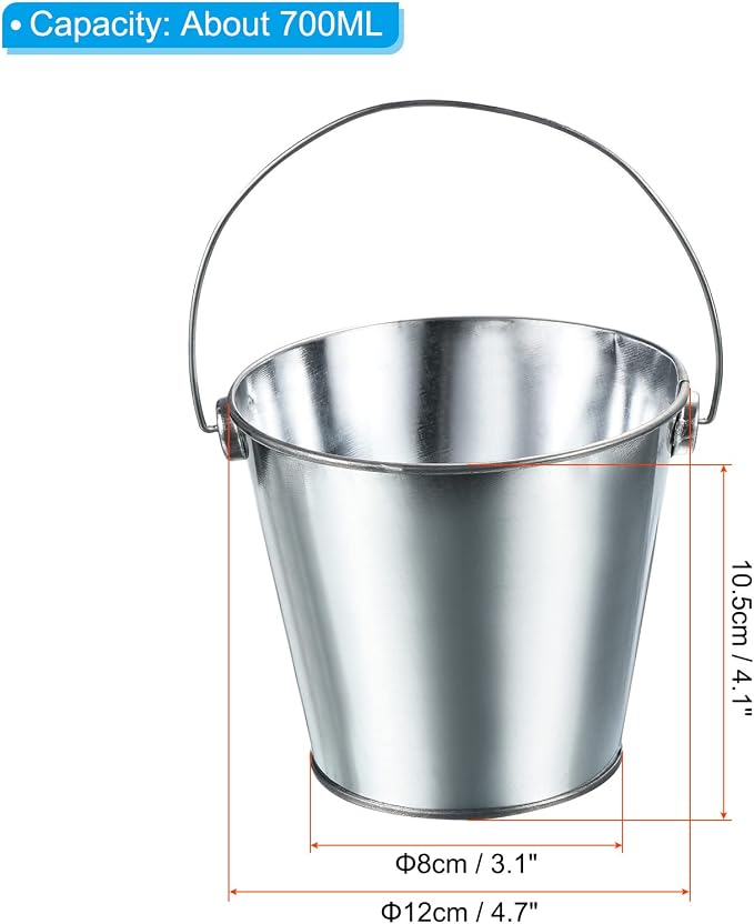 PATIKIL 4.7 Inch Colored Metal Buckets, 4 Pack Pencil Holder Buckets Round Metal Planter Pails Container with Handles for Classroom Crafts, Bright Silver