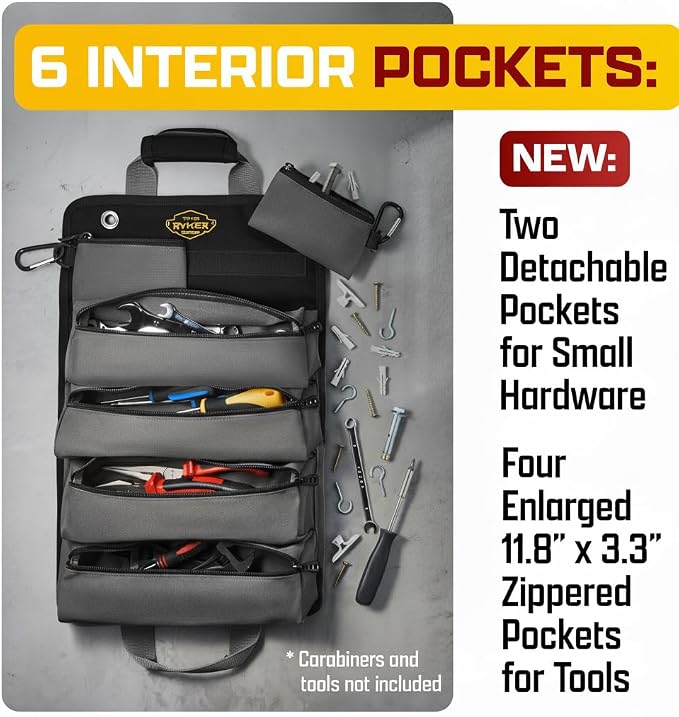 The Ryker Bag Black Roll Up Tool Bag Organizer – Heavy Duty Motorcycle Tool Roll with Detachable Pouches for Mechanics, Electricians, Plumbers & DIY Storage, Practical Gift for Dad (Black)