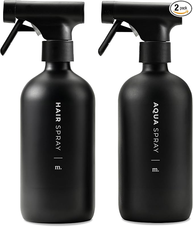 MAISONOVO Glass Spray Bottles 16 Oz Pack of 2 - Durable Black Spray Bottle with Fortified Glass & Fine Mist Pumps - Ideal for Salons, Barbers, Stylists, Pet Groomers & Daily Hair Care - 16 Labels