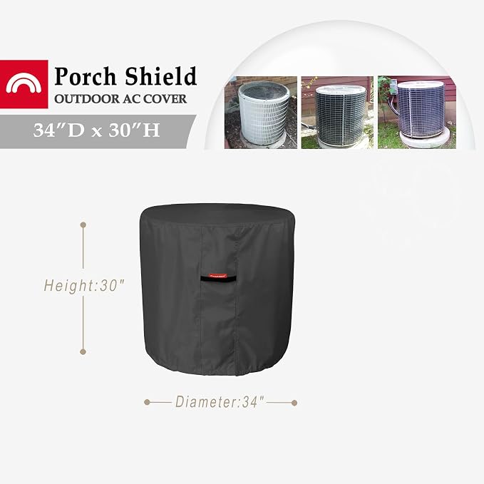 Porch Shield Waterproof AC Covers – Heavy Duty Round Air Conditioner Cover for Outside Unit Up to 34''D x 30''H, Black