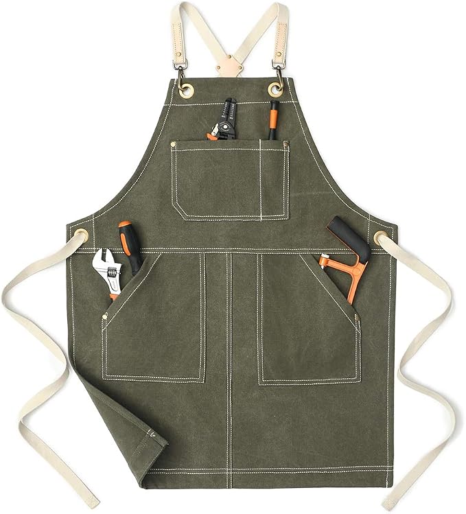 Jeanerlor - 16oz Water-Resistant Work Aprons for Women and Men Canvas Tool Apron with Pockets Adjustable S to XXXL