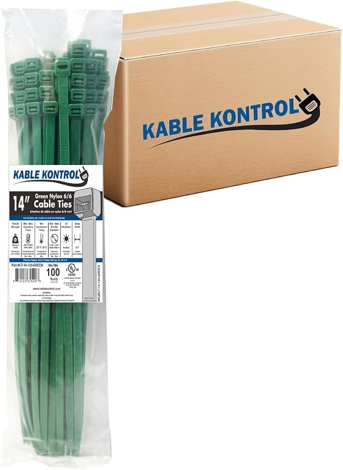 Kable Kontrol Green Zip Ties Bulk Pack 14 Inch 3500 Pcs, 120 Lbs Tensile Strength, Self-locking Nylon Colored Cable Ties Wire Wraps for Indoor or Outdoor Use