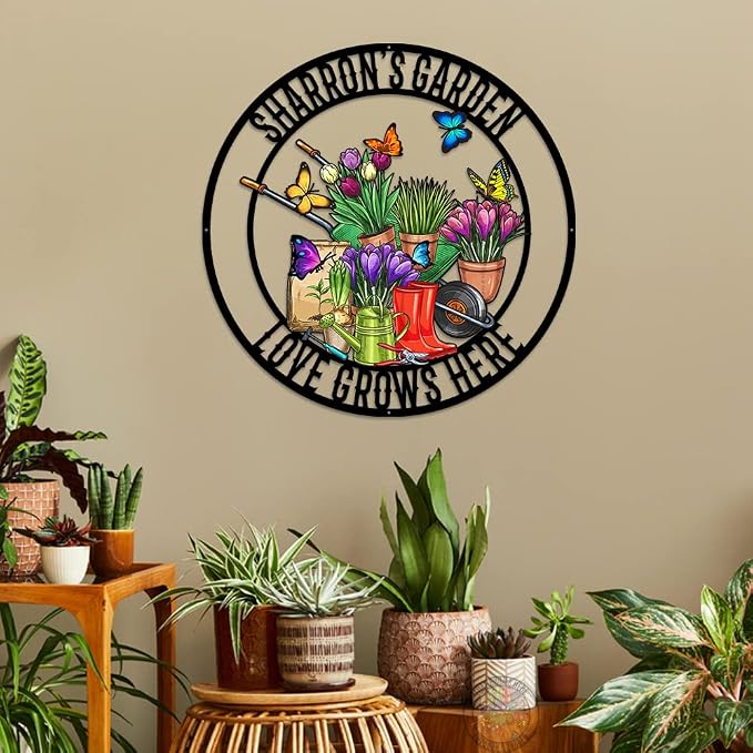 MeMate Flowers Garden Signs Outdoor Decor, Personalized Outdoor Metal Signs, Custom Name Garden Plaques Decoration for Potting Shed, She Shed, Gifts for Gardeners Women Grandma Mom