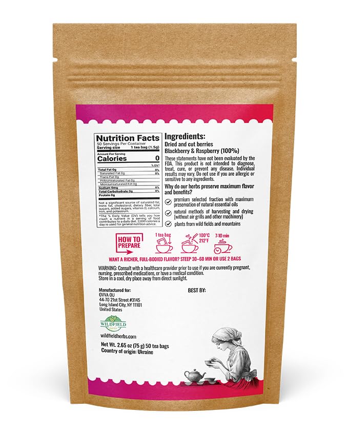 50 Bags Blackberry & Raspberry Fruit Tea Blend (Rubus Fruticosus, Rubus Idaeus) - 50 Count 1.5g Bags Mixed Berry Fruit Infusion Té De Mora Y Frambuesa